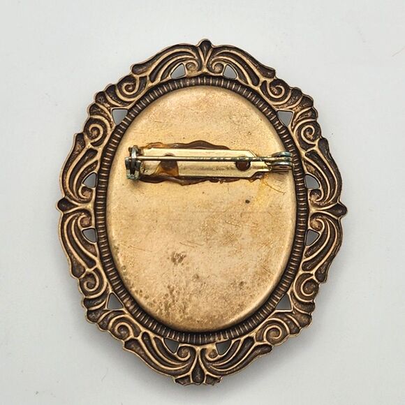 Vintage Victorian Revival Floral Brooch Pink Rose Blue Daisy Ornate Brass 2.25" - Picture 6 of 8